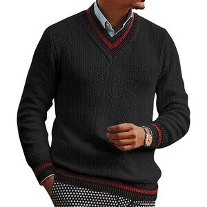 Men's V Neck Pullover Sweater Slim Fit Long Sleeve Striped Casual XXL Gift